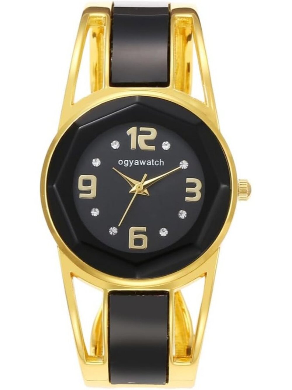 Women's Black Simple Round Dial Crystal Cuff Bangle Bracelet Analog Quartz Watch